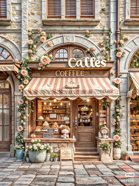 Cafe Outside Aesthetic, Cute Shop Exterior, French Coffee Shop Parisian Cafe, Flower Shop Exterior, Architecture Vision Board, French Cafe Decor, Cake Display Ideas, Strange Architecture, French Coffee Shop