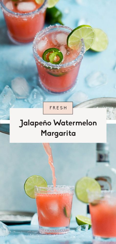 The best fresh watermelon margarita recipe naturally sweetened with watermelon juice and a touch of agave. These sweet and spicy jalapeño watermelon margaritas are easy to make for the ultimate summer cocktail! Options to make a small batch or a pitcher to share. #cocktail #margarita #watermelon #summer Spicy Watermelon Margarita, Watermelon Jalapeno Margarita, Pitcher Margarita Recipe, Watermelon Margarita Recipe, Summer Margaritas, Spicy Margarita Recipe, Spicy Watermelon, Watermelon Margaritas, Easy Margarita