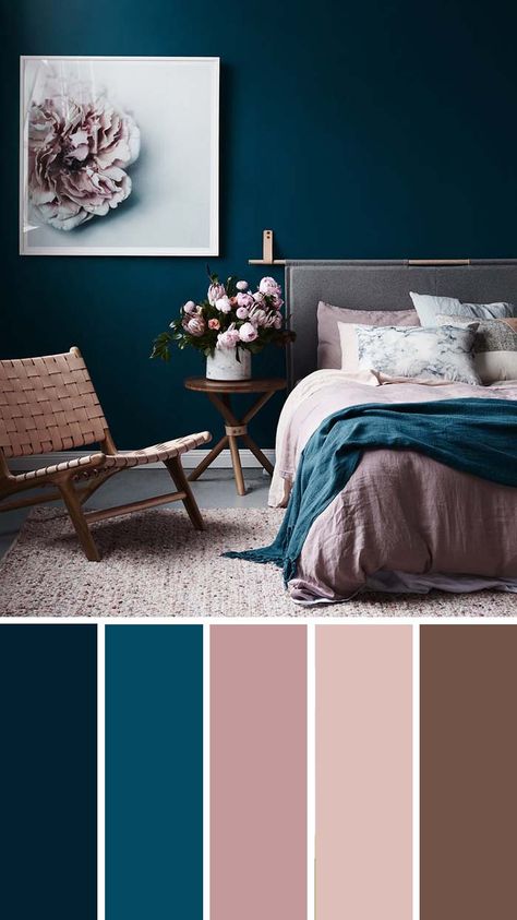 Dark Teal Dusty Rose Bedroom Color Scheme #bedroom #color #scheme #decorhomeideas #colorchart Beautiful Bedroom Colors, Design Ložnic, Living Room Color Schemes, Luxurious Bedroom, Bilik Tidur, Bedroom Color, Room Color Schemes, غرفة ملابس, Bedroom Color Schemes