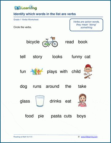 Identifying words worksheets. Verbs are introduced as words which "do something". Students circle the verbs in a list of words. Free grammar worksheets from K5 Learning. Kindergarten Grammar, Verbs Worksheet, Good Study Habits, List Of Words, Early Science, Cursive Writing Worksheets, Learning Reading, Comprehension Exercises, Grade Spelling