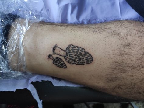 Morel Mushroom Tattoo Simple, Morell Mushroom Tattoo, Moral Mushroom Tattoo, Morrell Mushroom Tattoo, Mushroom Ankle Tattoo, Mushroom Knee Tattoo, Morel Mushroom Tattoo, Tattoo Mushroom, Filler Tattoos