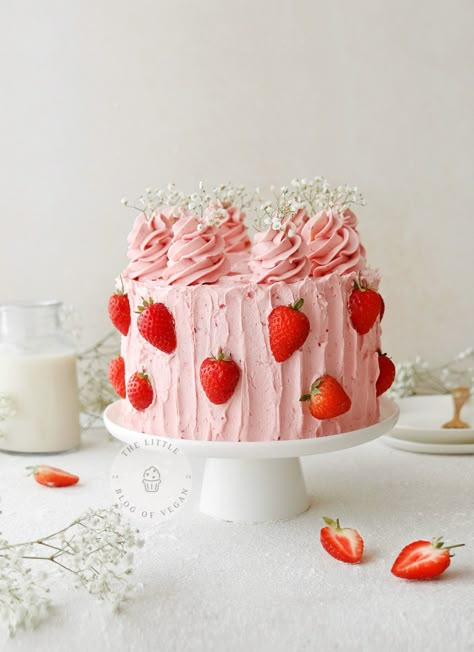 Strawberry Design Cake Birthday, White And Strawberry Cake, Strawberry Celebration Cake, Strawberry Cake For Birthday, Strawberry Pink Cake, How To Decorate A Strawberry Cake, Vegan Cake Decorating, A Berry Sweet Baby Is On The Way Cake, Strawberry Cake Ideas Decorating