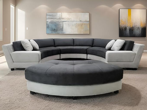 Modern 5-piece sectional sofa with high back support and headrests. Features reversible corner design for flexible setup. Durable solid wood frame with high density foam cushions. Removable microfiber covers in dark grey. Optional metal chrome or black wooden legs. Circular Couch, Round Sectional, Modern Sofa Set, Unique Furniture Pieces, Microfiber Sectional, Fabric Sectional, Upholstered Sectional, Modern Sectional, Living Room Sectional