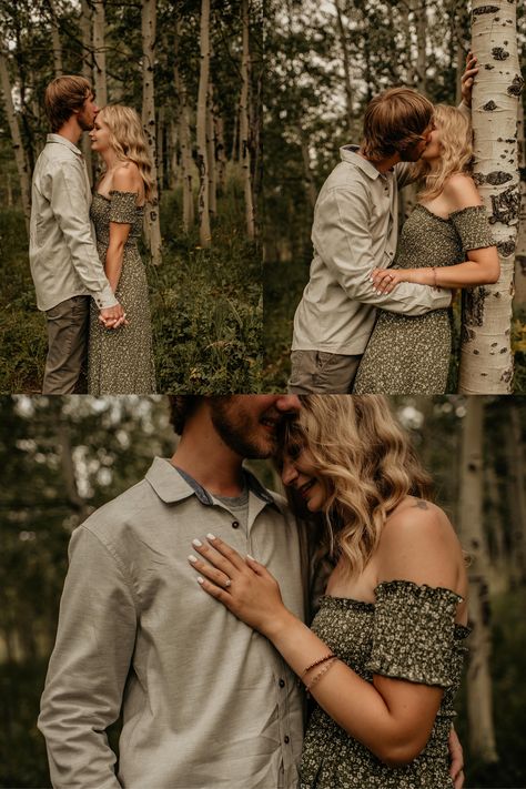 Taylor Hassebroek Photo | Colorado Engagement Photographer | Wedding Photographer | Aspen trees | Forest Engagement | What to Wear | Couples Posing | Green Summer Aspen Trees | Spring Engagement Session Engagement Photoshoot Greenery, Woodsy Engagement Photos Outfits, Couple Poses In Woods, Olive Green Engagement Photos, Engagement Photos Outfits Green, Forest Engagement Photos Outfit, Woodland Couple Photoshoot, Wooded Engagement Pictures, Engagment Photo Spring Outfits