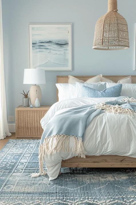 Can the serene hue of light blue transform the free-spirited energy of a Boho bedroom into a tranquil haven? In Costal Bedroom, Beachy Bedroom, Modern Coastal Home, Beach Themed Bedroom, Beach House Bedroom, Beachy Room, Coastal Room, Coastal Bedrooms, Beach House Style