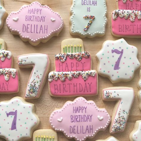 Pretty Little Bakers on Instagram: “Custom birthday cookies for a 7-year-old princess! I remember how classmates would bring in cupcakes and cookies to celebrate their…” Sweet Sassy And Seven Birthday, Custom Birthday Cookies, Adele Birthday, Bday Cookies, Girls 9th Birthday, 5th Birthday Girls, Doll Cookies, Sleepover Birthday, 7 Birthday