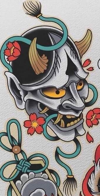 Neo Trad Hanya Mask, Hannya Mask Chest Tattoo, Japanese Swirl Tattoo, Hanya Mask Traditional, Japanese Feminine Tattoo, Oni Japanese Tattoo, Irezumi Tattoos Design, Hanya Mask Tattoo Traditional, Traditional Oni Mask Tattoo Design