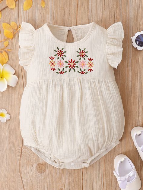 Baby Floral Embroidery Ruffle Trim Bodysuit Baby Floral Dress, Embroidery Designs For Baby Girl, Baby Clothes Embroidery, Embroidery Baby Clothes, Baby Dress Embroidery, Newborn Baby Dresses, Newborn Bodysuit, Kids Lehenga