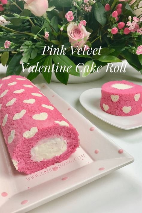 Pink Velvet Valentine Roulade - Liz Bushong Pink Velvet Cake Roll, Valentines Cake Roll Recipes, Roll Cake With Design, Valentine Roll Cake, Heart Roll Cake, Valentine Cake Roll, Rolled Cakes With Designs, Heart Cake Roll, Swiss Roll Cake Design