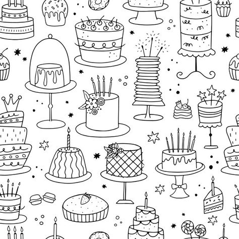 Birthday Cake Outline Drawing, Cake Pattern Illustration, Cakes Coloring Pages, Cake Clipart Black And White, Cake Coloring Pages For Adults, Doodle Cake, Cake Sketch, Doodle Wall, Birthday Doodle