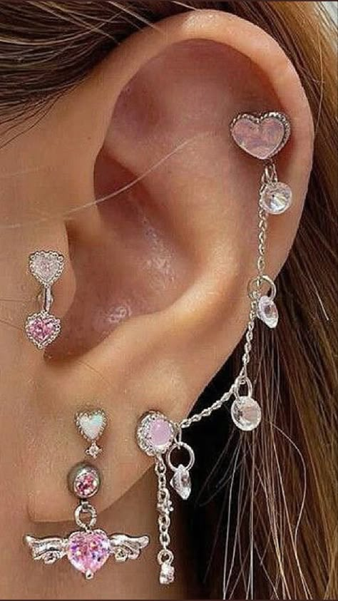 Kawaii Ear Piercings, Pink Piercings, Kawaii Piercings, Kristina Webb, Cool Ear Piercings, Pretty Ear Piercings, Cool Piercings, Cute Ear Piercings, Ear Style