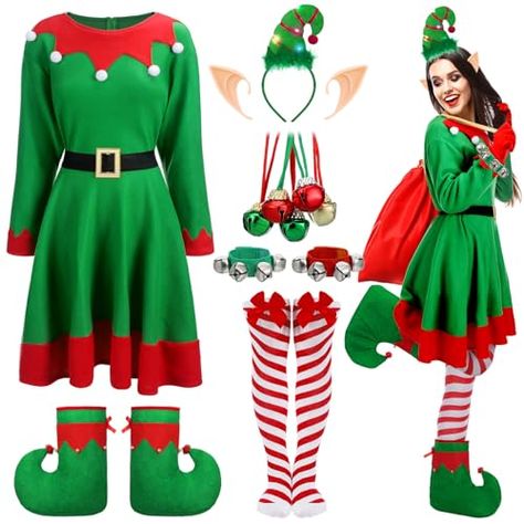 Christmas Costumes For Adults, Christmas Character Costumes, Santa's Helper Costume, Outfit For Party, Christmas Elf Outfit, Christmas Elf Costume, Elf Dress, White Christmas Stockings, Fancy Outfit