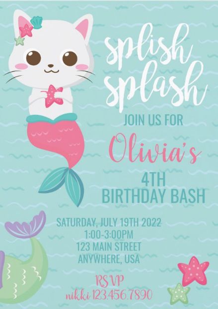 Cute mermaid kitty pool birthday party invitations. Girls' birthday party invites with pool party theme. afflink Caticorn Mermaid Birthday Party, Cat Pool Party, Mercat Birthday Party Ideas, Purrmaid Party, Kitty Mermaid Party, Cat Mermaid Birthday, Mermaid Cat Birthday Party, Mercat Birthday Party, Kitten Birthday Party