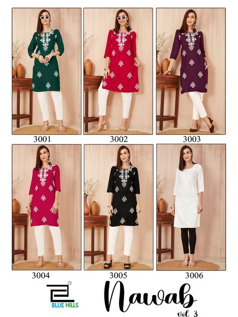 Kavya Style Plus +91-8758538270: Nawab Vol 3 Blue Hills Short Kurtis Best Kurtis, Short Kurtis, Dress Materials Cotton, Embroidered Kurti, Plain Saree, Blue Hill, Cotton Dress Material, Kurti Collection, Designer Salwar Suits