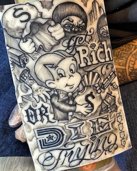 Richy Rich Tattoo, Risk Taker Tattoo Design, Get Rich Or Die Trying Tattoo Design, Richie Rich Tattoo, Die Trying Tattoo, Get Rich Or Die Trying Tattoo, Gangster Tattoo Ideas, Half Sleeve Ideas, Stencil Tattoo Ideas Men