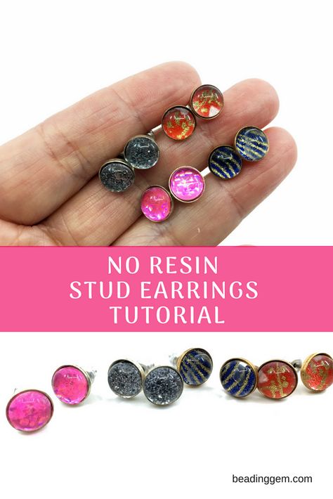 Easy No Resin Stud Earrings Tutorial Uses Paper! Diy Post Earrings, Diy Earrings Studs, Jewelry Stamping, Free Jewellery Making Tutorials, Easy Jewelry, Jewerly Making, Making Stuff, Jewelry Making Earrings, Anniversary Jewelry