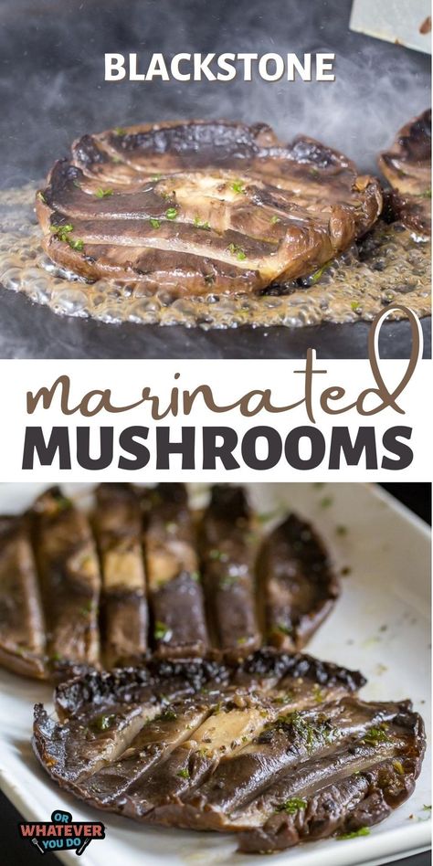 Blackstone Marinated Mushrooms take fresh Portabella mushroom caps and add in a cherry blossom shoyu and red wine vinegar mixture before hitting a hot Blackstone gas griddle and becoming your new favorite thing. Sirloin Cap, Grilled Portabella Mushrooms, Cap Steak, Smoked Baked Potatoes, Portabella Mushrooms Recipes, Outdoor Griddle Recipes, Griddle Cooking Recipes, Portabella Mushroom, Outdoor Cooking Recipes