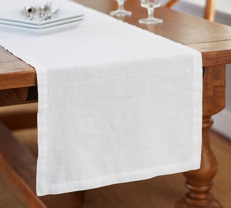 Pottery Barn Belgian Linen Flax Everyday Table Runner, $35 | The best everyday dinnerware to register for on WomanGettingMarried.com Soft Spring Color Palette, White Table Runners, Label Png, Tag Mockup, Modern Coastal Decor, Table Runner Pattern, White Table Cloth, Cloth Napkin, Table Cloths