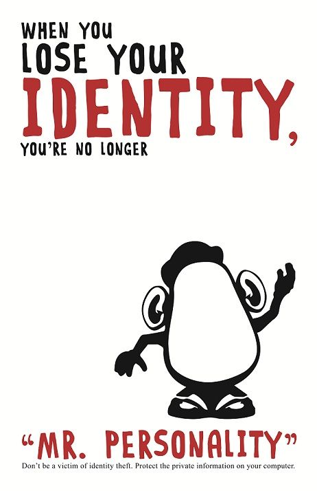 Even though "Identity" and "Mr. Personality" are not close together, the same typeface and color tells the  the viewer knows they are related Identity Theft Illustration, Interactive Poster, Photoshop Images, Small Canvas Art, Identity Theft, Cover Book, Small Canvas, White Space, Losing You