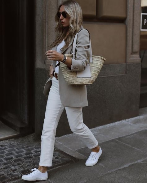 All white look with a blazer is my forever spring summer go to 🕊 I had so many Qs about this look after sharing on stories yday - some of the pieces are old but I’ve linked everything else + some alternatives #streetstyle #springsummerstyle - shop @ https://www.liketoknow.it/lucyflorals Superga Sneakers Outfit, White Superga Sneakers, Superga Outfit, Loewe Basket Bag, Classic Chic Outfits, White Superga, Winter Sneakers Outfit, Parisian Look, Keds Style