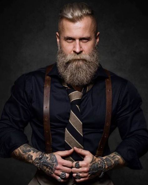 Beard Suit, Leather Suspenders Men, Suspenders Outfit, Mens Vest Fashion, Shirt And Tie, Suspenders Men, Leather Suspenders, Bearded Man, Beard Styles For Men