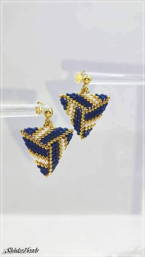 Beaded Earrings Triangle, Triangle Beaded Earrings, Triangle Stud Earrings, Earring Pins, Triangle Earrings Stud, Navy Blue And Gold, Beaded Earrings Diy, Triangle Studs, Bead Charms Diy