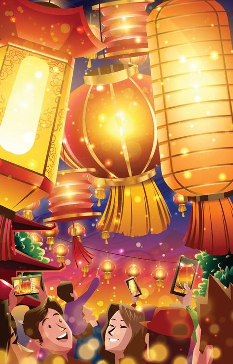 Festival Of Lanterns in Chinese New Year Concept Festival Of Lights Painting, Festival Of Lights Drawing, Lantern Festival Illustration, Chinese New Year Illustration, Happy Diwali Animation, Happy New Year Poster, Diwali Animation, Food Festival Poster, Festival Paint