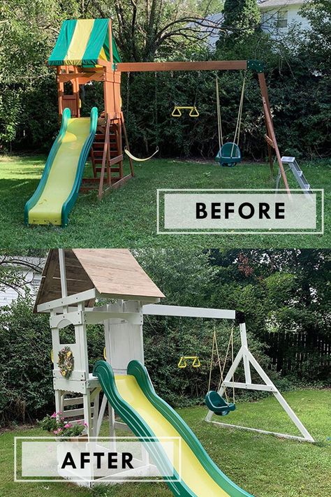 Kids playset makeover #ModernBackyard #KidsPlayset #DIYPlayset #BackyardMakeover Underneath Playset Ideas, Redo Outdoor Playset, Repaint Playset, Refinishing Playset, Playset Makeover Ideas, Wooden Playground Makeover, Wood Playset Makeover, Small Playground Backyard, Under Playset Ideas