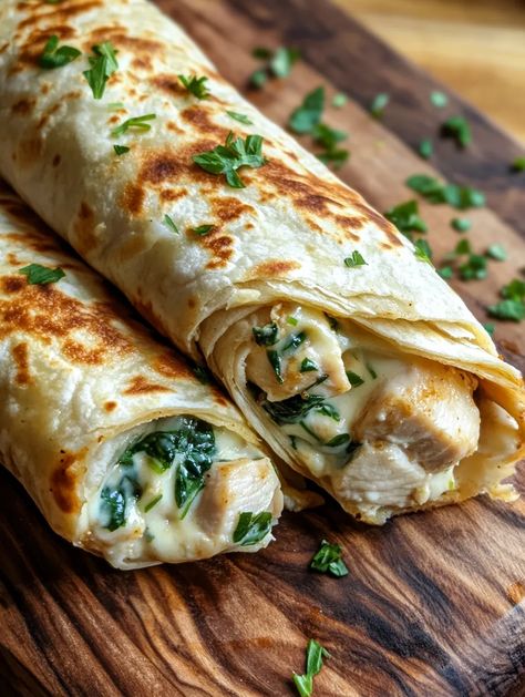 If you’re searching for a dish that embodies comfort and indulgence, look no further than these Cheesy Garlic Chicken Wraps! Imagine tender chicken breast layered with gooey melted cheese, fresh spinach, and a flavorful garlic-infused cream cheese spread, all encased in a soft flour tortilla. Perfect for a quick lunch or a satisfying dinner, these wraps are not only delicious but also i... Ceaser Chicken Pita, Healthy Spinach Wraps, Chicken Feta Wrap, Chicken And Spinach Wraps, Chicken Wraps Recipes, Lunches To Bring To Work, Cheesy Garlic Chicken, Healthy Wraps For Lunch, Spinach Wrap