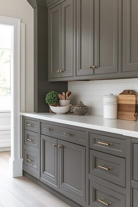 29 Kitchen Cabinet Color Ideas for a Fresh and Modern Look 18 Charcoal Grey Kitchen Cabinets Farmhouse, Kitchen Cabinet Color Gray, Bm Knoxville Gray Cabinets, Charcoal Grey Cabinet, Slate Grey Cabinets Kitchen, White And Charcoal Kitchen, Dark Gray Stained Kitchen Cabinets, Worldly Gray Sherwin Williams Cabinets, Kitchen Cabinets Modern Contemporary