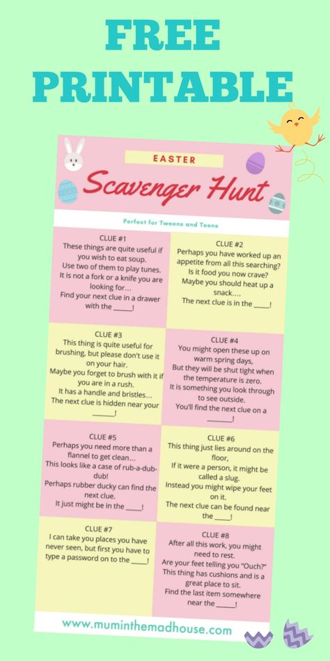 Easter Egg Hunts for Teenagers - A fab free printable for an easter egg scavenger hunt perfect for teenagers and adults. Easter Scavenger Hunt Clues, Egg Hunt Clues, Easter Egg Scavenger Hunt, Easter Egg Hunt Clues, Easter Treasure Hunt, Scavenger Hunt Riddles, Easter Scavenger Hunt, Birthday Games For Adults, Scavenger Hunt Clues