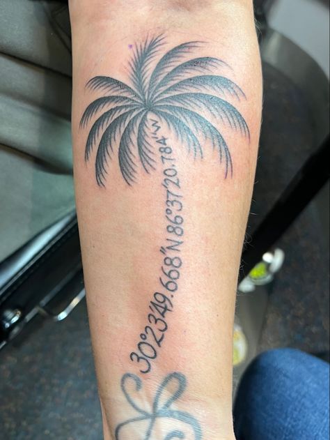 Palm Tree Coordinates Tattoo, Palm Tree With Coordinates Tattoo, Puerto Rico Palm Tree Tattoo, Palm Tree Drawing Tattoo, Palm Tree Outline, Tree Tat, 2024 Tattoo, Coordinates Tattoo, Tree Palm