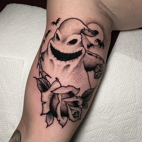 oogie boogie for Aisha #tattoo #tattoos #timburton #nightmarebeforechristmas #blackwork #dotwork #njtattooshop #njtattooartist #njtattoo #halloween #blackworktattoo #dotworktattoo Oogey Boogey Tattoo, Boogieman Tattoo, Boogeyman Tattoo, Tattoo Tim Burton, Oogie Boogie Tattoo, Dice Tattoo, Nightmare Before Christmas Tattoo, Crystal Tattoo, Christmas Tattoo