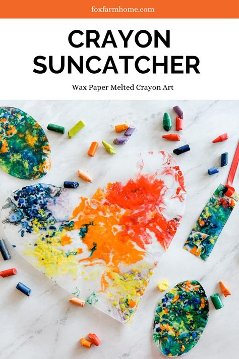 This melted crayon suncatcher craft was so fun to make with my kids! You need 3 simple items, all of which we had in our house already making this an incredibly easy craft! I loved taking old broken crayons and recycling them into something beautiful. This easy wax sun catcher is a perfect craft to brighten up your windows! Crayons Crafts For Preschoolers, Crayon Activities For Kids, Crayon Crafts For Preschoolers, Diy Sun Catchers For Kids, Kid Suncatcher Craft, Crayon Art Melted For Kids Christmas Gifts, Kids Suncatcher Craft, Sun Catchers For Kids, Crayon Melt Art