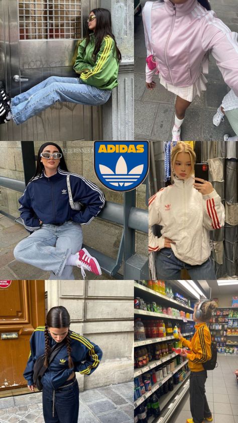 6 women wearing adidas jacket in a collage Adidas Spezial Outfit, Colorful Adidas, Gazelle Outfit, White Adidas Jacket, Sambas Outfit, Adidas Gazelle Outfit, Adidas Spezials, Sambas Adidas, Jacket Inspiration