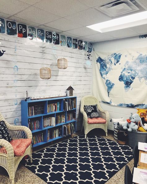 Nautical Classroom Theme, Coastal Room Decor, Nautical Classroom, Elementary Classroom Themes, Ocean Classroom, Teacher Themes, Farmhouse Classroom, Nautical Room, Teaching Themes