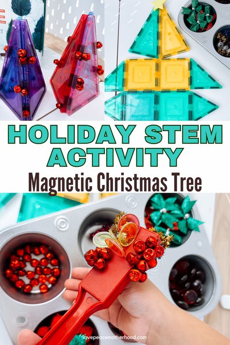 Combine holiday fun with STEM learning in this creative activity. Build a festive tree using magnetic tiles and decorate with bells, bows, and other fun items. Explore magnetism with a "magnetic or not" guessing game and bring your tree to life with lights and ornaments. Perfect for hands-on learning and holiday cheer! Easy Toddler Arts And Crafts, Holiday Stem Activities, Toddler Learning Games, Christmas Stem Activities, Arts And Crafts For Toddlers, Holiday Arts And Crafts, Holiday Stem, Fun Learning Games, Sensory Activities For Kids