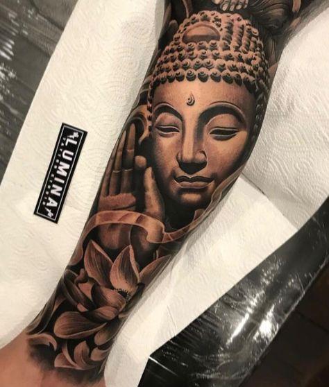 Asian Theme Tattoo, Buddha Symbol Tattoo, Buddah Sleeve Tattoo, Arm Tattoos Black, Japanese Leg Tattoo, Tattoo Perna, Japanese Legs, Buddha Tattoo Design, Traditional Style Tattoo