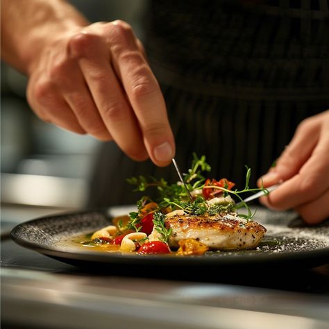 "Chef Plating Dish: A #skilled chef carefully garnishes a beautifully cooked #fishfillet with fresh #herbs on a plate. #culinaryarts #foodpresentation #chefslife #gourmetdining #precision #aiart #aiphoto #stockcake ⬇️ Download and 📝 Prompt 👉 https://stockcake.com/i/chef-plating-dish_169421_28300" Chef Plating, Cooked Fish, Chefs Plate, Fresh Kitchen, Fish Fillet, Professional Kitchen, Restaurant Kitchen, Culinary Recipes, Professional Chef