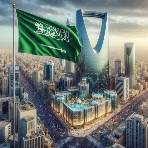 View of Riyadh city with the green flag of Saudi Arabia and towers in the background | Premium AI-generated image Saudi Arabia Background, Flag Of Saudi Arabia, Riyadh City, Saudi Flag, Saudi Arabia Flag, Green Flag, Riyadh Saudi Arabia, Free Business Card Mockup, Presentation Template Free