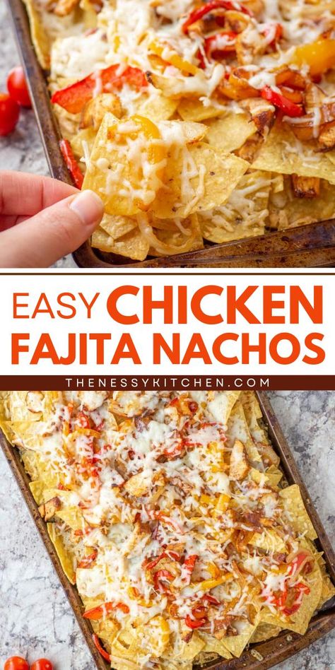 A delicious home-cooked meal on a sheet pan! Made with sautéed fajita vegetables, these chicken nachos are the BEST. Put these Easy Chicken Fajita Nachos on your rotation of weeknight dinner recipes! Best Football Appetizers, Chicken Fajita Nachos, Fajita Nachos, Easy Game Day Food, Nacho Recipes, Chicken Nachos Recipe, Homemade Nachos, Fajita Vegetables, Football Appetizers