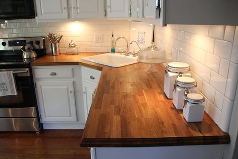 IKEA Butcher Block Counters 2 Years Later - What Do We Think? - Old Town Home Fake Butcher Block Countertops, Ikea Wood Countertops, Ikea Butcher Block Countertops, Kitchen Sink Wall, Modern Countertops, Ikea Butcher Block, Butcher Block Counters, Gray Grout, Laminate Countertop