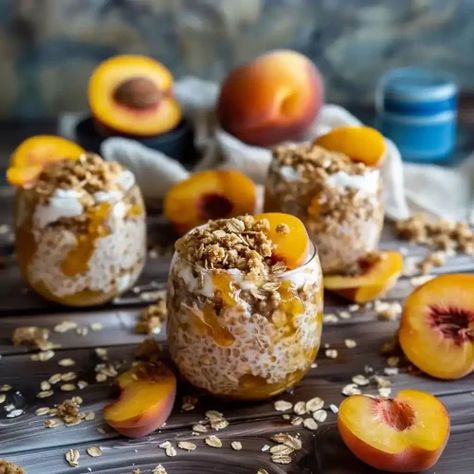 Peach Cobbler Overnight Oats - Better Homebase Peach Cobbler Overnight Oats, Kayla Chandler, Breakfast Munchies, Overnite Oats, Peach Overnight Oats, Banana Foster Recipe, Virgin Diet, Best Overnight Oats Recipe, Oats Overnight