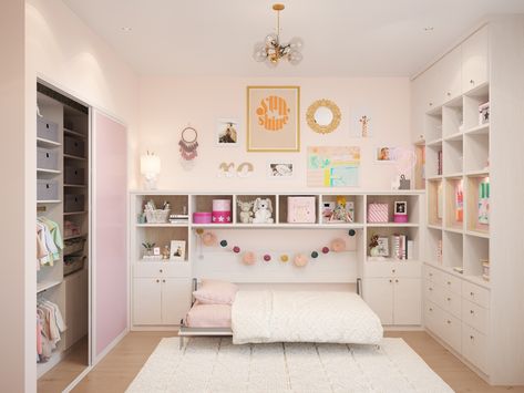 The perfect size Murphy bed for kids of all ages. Tuck away for more room to play! #CustomDesign #builtinstorage #locallymade #customstorage #murphybeds Wall Bed Ideas, Wall Bed Designs, Hidden Wall Bed, Family Room Storage, Murphy Wall Beds, Murphy Bed Diy, Hidden Bed, California Closets, Playroom Storage