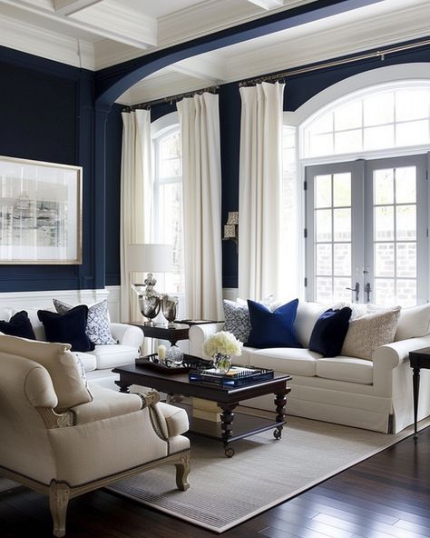 55 Modern Blue Living Room Design and Decor Ideas for Inspiration – CreativeBooster Modern Blue Living Room, Blue And Cream Living Room, Living Room Design Blue, Fancy Living Rooms, Navy Living Rooms, Cream Living Rooms, Farmhouse Living Room Decor Ideas, Dark Blue Walls, Blue Living Room Decor