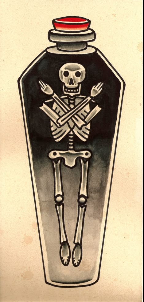 Skeleton in coffin tattoo Coffin Tattoo, Framed Tattoo, American Tattoos, Traditional Tattoo Art, Traditional Tattoo Flash, Sleeve Ideas, Tattoo Flash Art, American Traditional Tattoo, School Tattoo