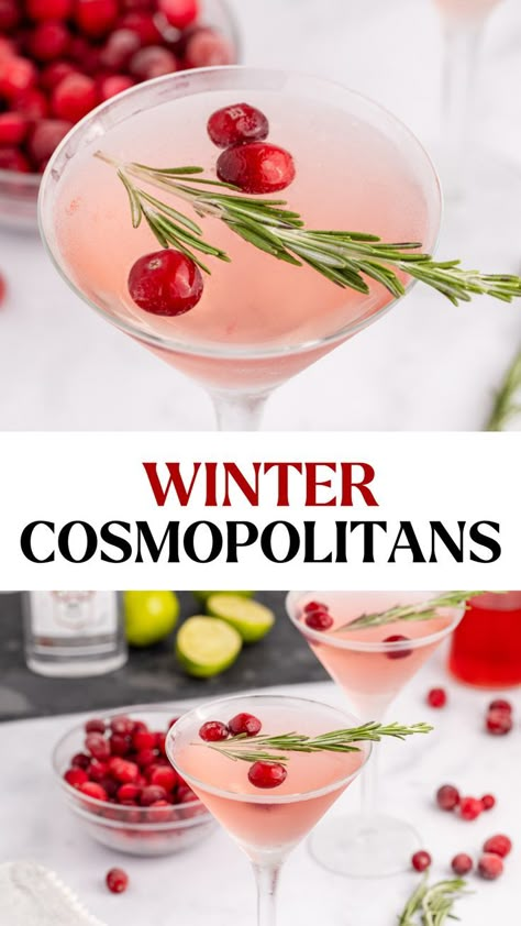 Make your own rosemary simple syrup for this delicious Winter Cosmopolitan or Winter Cosmo! It’s the perfect drink for the winter season. Enjoy the holiday flavors of cranberry and rosemary with a romantic dinner or ring in the new year with a loved one! It's perfect for Christmas and New Year's Eve! Winter Cosmopolitan, Winter Cosmo, Drinks With Tequila, Cosmopolitan Drink Recipe, Cranberry Apple Juice, Cosmopolitan Drink, Cosmo Recipe, New Years Eve Drinks, Simple Syrup Cocktails