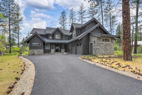 Black House With Stone, Tar And Chip Driveway, Stone Accent Wall, Mudroom Addition, Asphalt Driveway, Stone Accent Walls, Driveway Design, Gravel Driveway, Mudroom Design