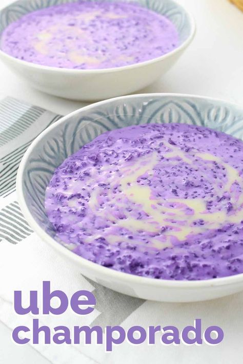 Ube Champorado Filipino Recipe, Ube Champorado Recipe, Putong Ube, Ube Champorado, Champorado Recipe, Rice Porridge Recipe, Filipino Rice, Beef Caldereta, Philippine Cuisine