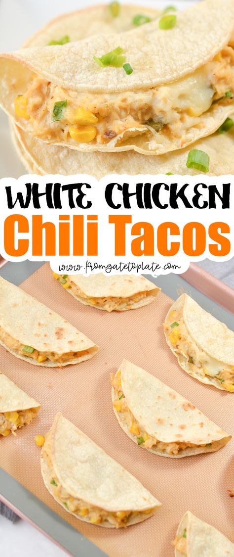 White Chicken Chili Tacos - From Gate To Plate White Chicken Chili Tacos, Chili Tacos, Mexican Dinners, Ww Ideas, List Of Favorites, Mexican Meals, Spicy Cheese, Weight Watchers Recipes Desserts, Weight Watchers Chicken